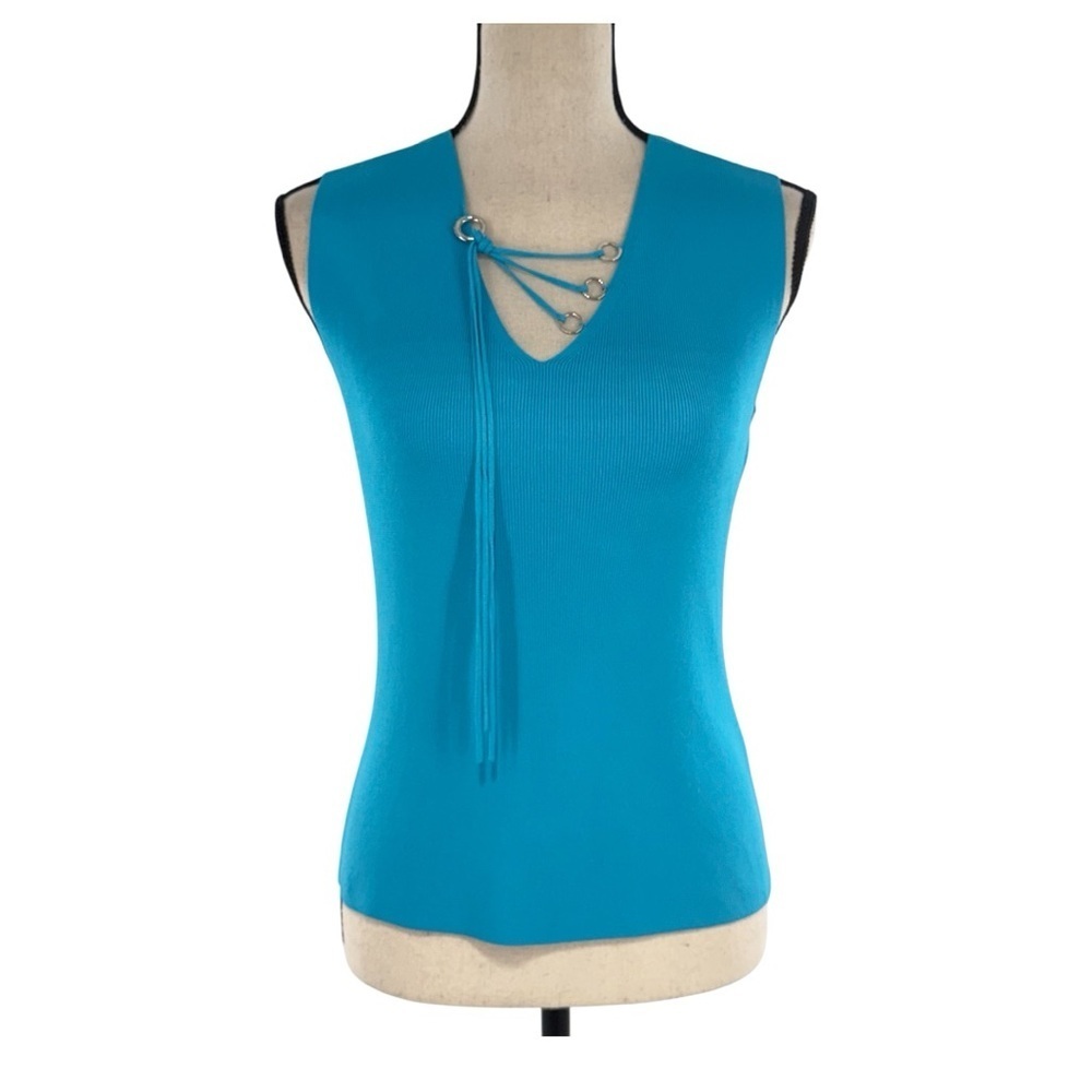 Vintage Lillie Rubin Blue Sleeveless Lace-Up Knit Top Size M Y2K Deadstock NWT